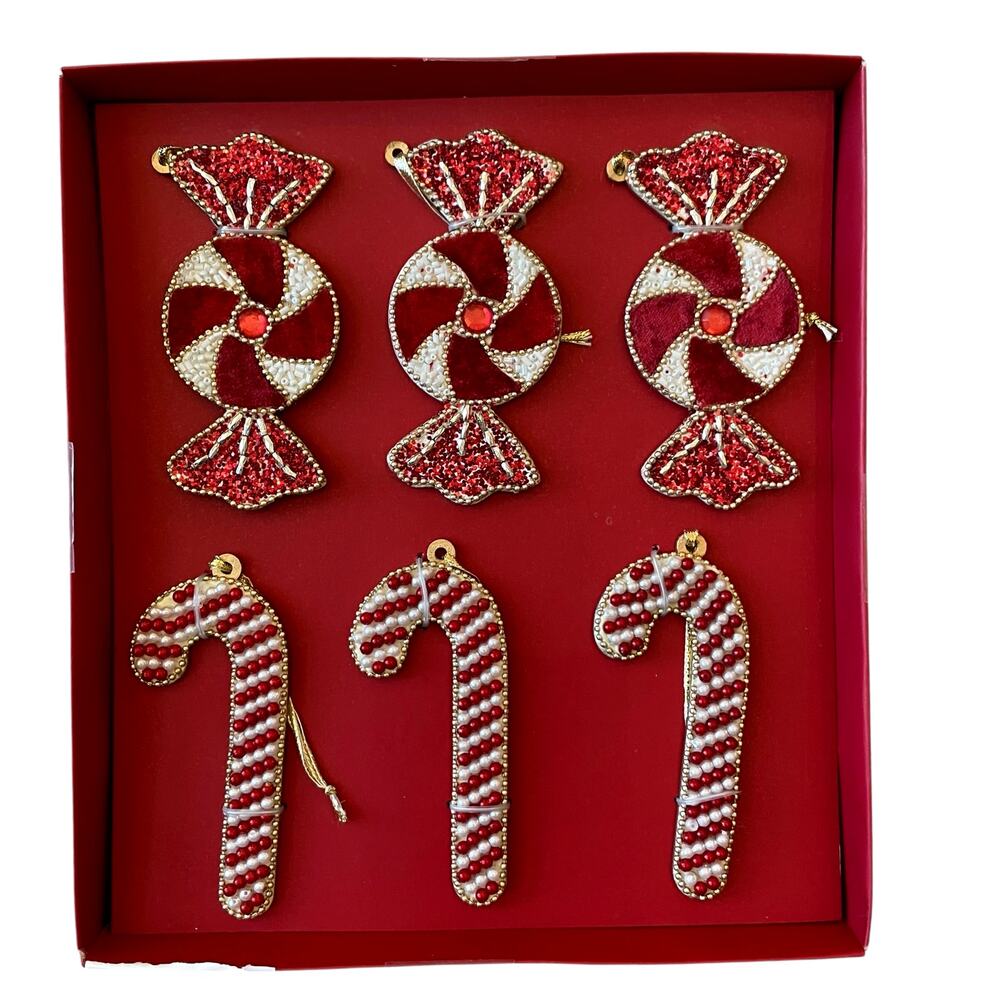 BELLA LUX 6pc Glass Beaded Candy Cane & Peppermint Ornaments 4.5" Velvet Accent